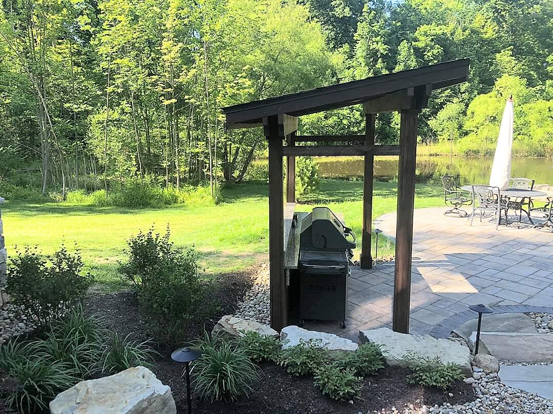 photo of outdoor kitchen with a patio