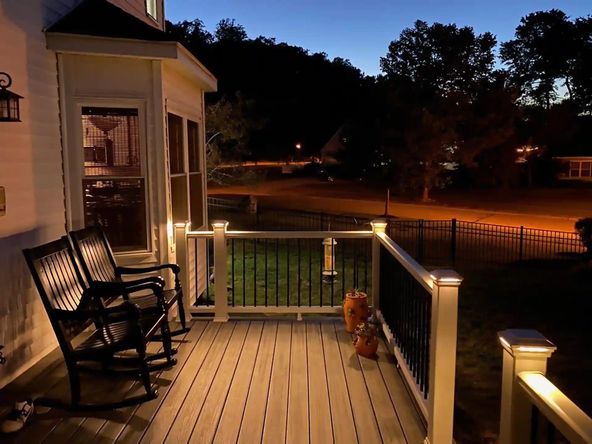 Photo of a Trex deck with a deck lighting installation